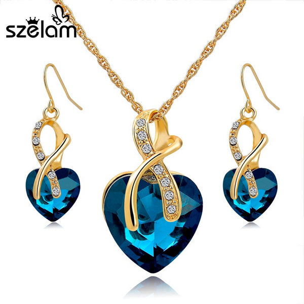 Gift! Gold Plated Jewelry Sets For Women Crystal Heart Necklace Earrings Jewellery Set Bridal Wedding Accessories 2016 SET140044