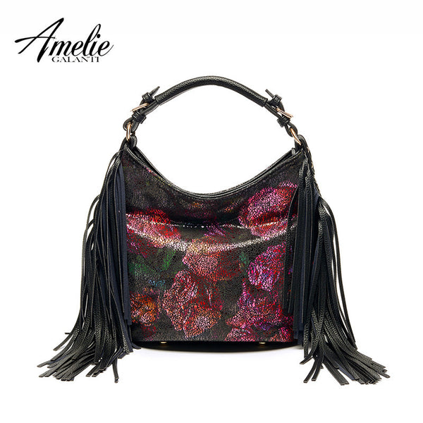 AMEILE GALANTI fashion shoulder bag half Moon tassel flowers women totes versatile zipper soft black high quality handbag 2016