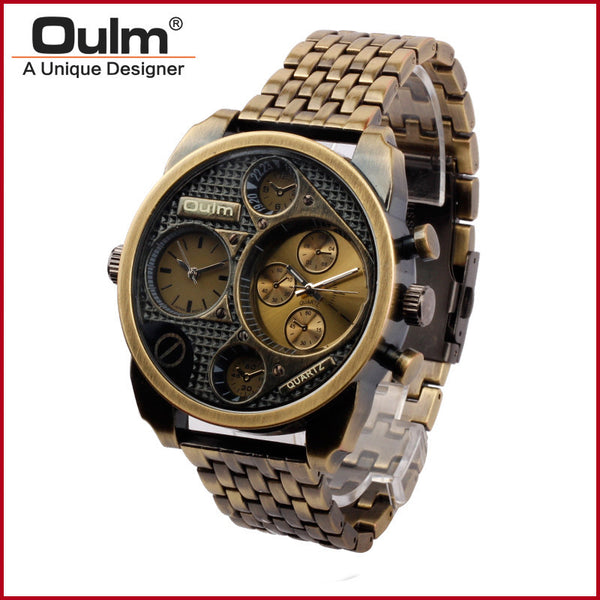 Oulm 9316 Wrist Watch Men Analog Quartz Dial Dual Time Round Dial Steel Watchband Military Analog Wristwatch