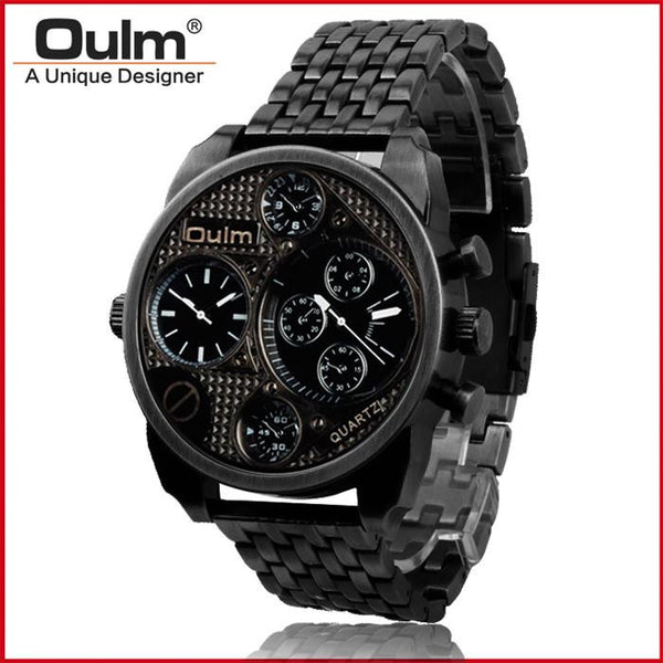 Oulm 9316 Wrist Watch Men Analog Quartz Dial Dual Time Round Dial Steel Watchband Military Analog Wristwatch