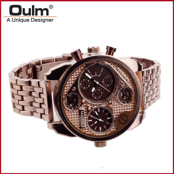 Oulm 9316 Wrist Watch Men Analog Quartz Dial Dual Time Round Dial Steel Watchband Military Analog Wristwatch