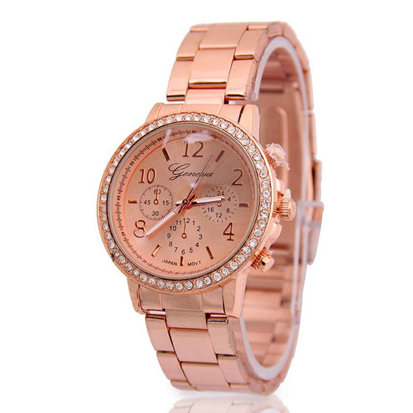 2016 Women Dress Watches Geneva Stainless Steel Watch Women Unisex Rhinestone Luxury Casual Men Quartz Watch Relojes Mujer W1851