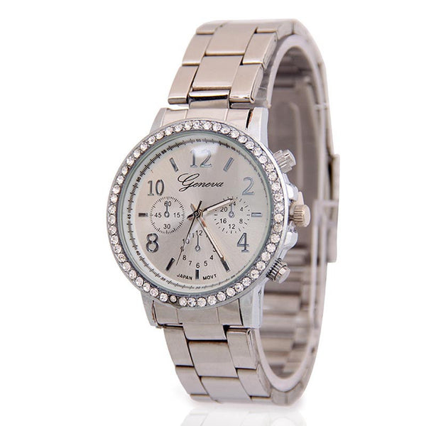 2016 Women Dress Watches Geneva Stainless Steel Watch Women Unisex Rhinestone Luxury Casual Men Quartz Watch Relojes Mujer W1851