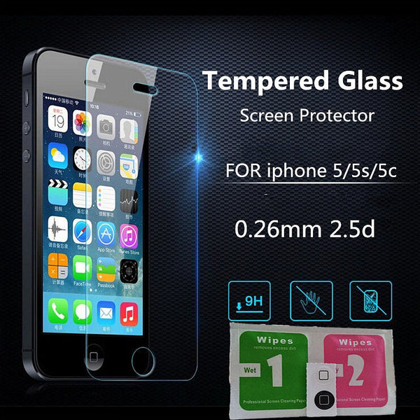 Ultra Thin 0.26 mm 2.5D Premium Tempered Glass Screen Protector For iPhone 5 5S 5c se HD Toughened Protective Film+ Cleaning Kit