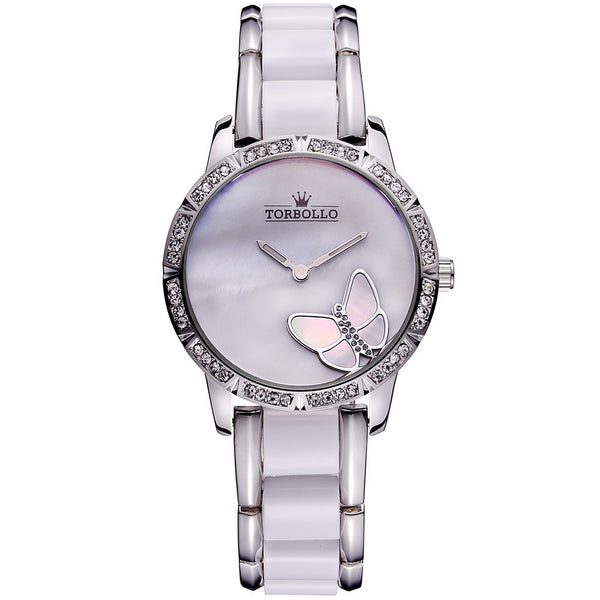 Luxury Brand Womens Quartz Watch Alloy Simulated Ceramic Strap Watch Female Silver White