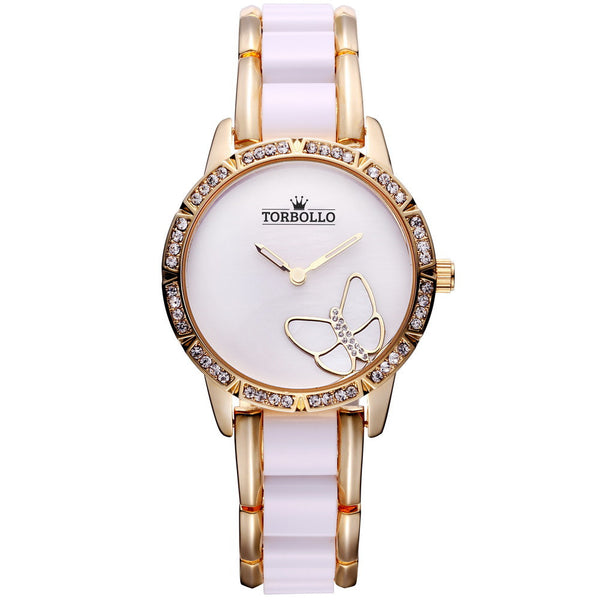 Luxury Brand Womens Quartz Watch Alloy Simulated Ceramic Strap Watch Female Silver White