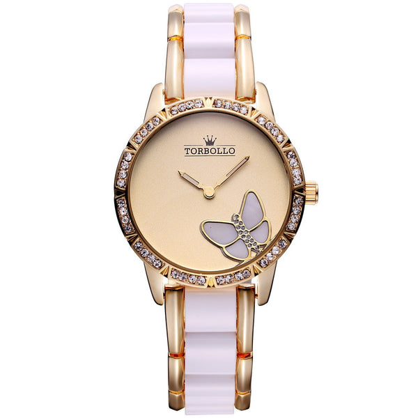 Luxury Brand Womens Quartz Watch Alloy Simulated Ceramic Strap Watch Female Silver White