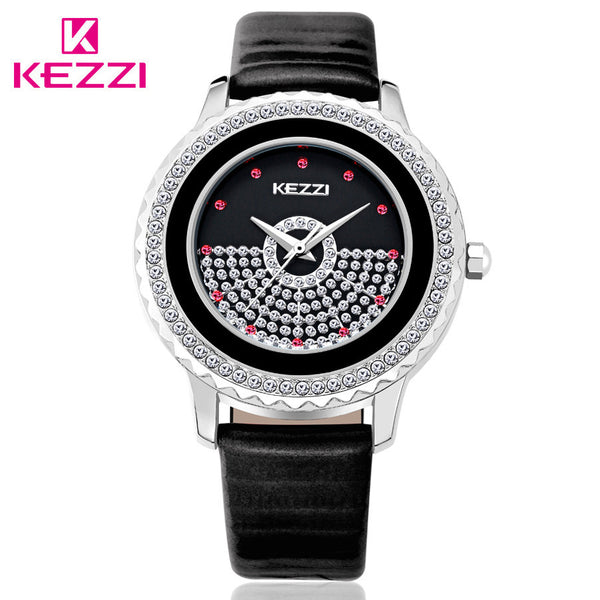 KEZZI New Fashion Watch Women Leather Strap Luxury Rhinestone Dial Casual Quartz Watch Ladies Popular Elegant Style Dress Watch