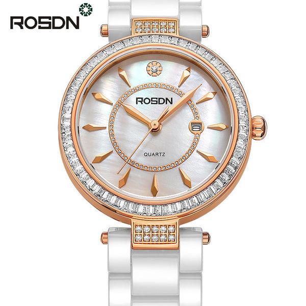 ROSDN Luxury Sapphire Crystal Auto Date White Ceramic Watches Women Rose Gold Rhinestone Fashion Watch Quartz-watch reloje mujer