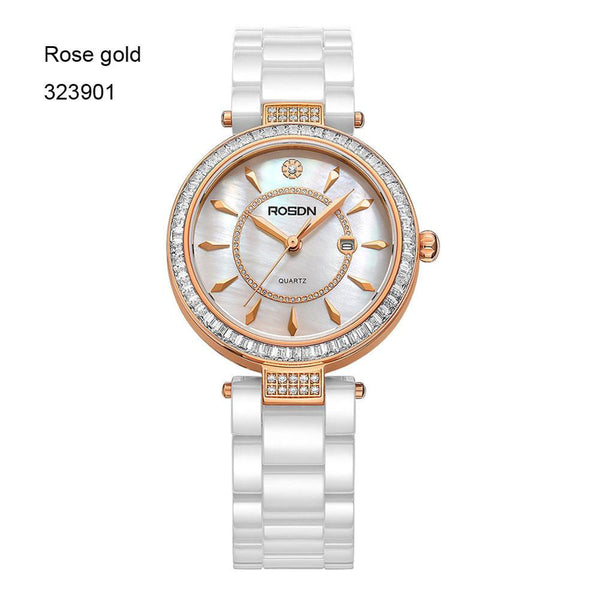 ROSDN Luxury Sapphire Crystal Auto Date White Ceramic Watches Women Rose Gold Rhinestone Fashion Watch Quartz-watch reloje mujer