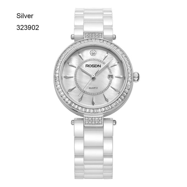 ROSDN Luxury Sapphire Crystal Auto Date White Ceramic Watches Women Rose Gold Rhinestone Fashion Watch Quartz-watch reloje mujer