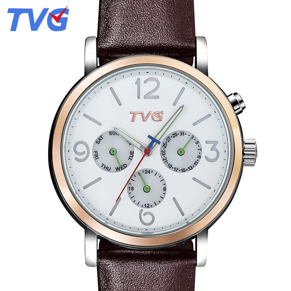 2016 TVG Brand Fashion Casual Quartz Watch Quality Japanese raw material waterproof Date display Men Leather strap wristwatch