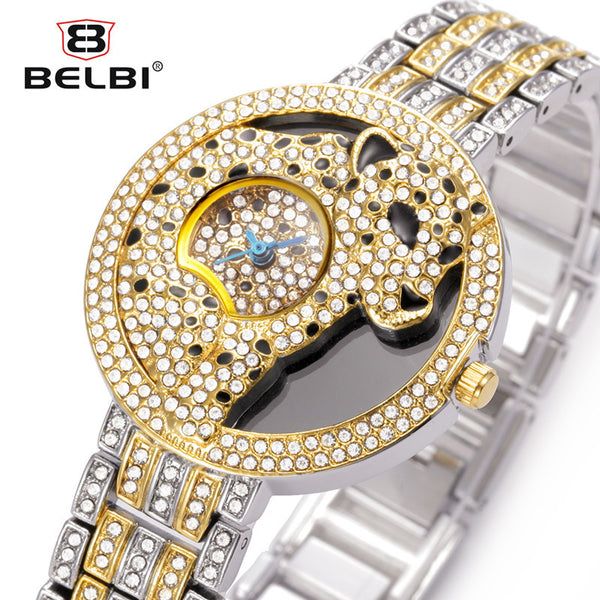 Hot Sale Belbi Fashion Dress Steel Strap Quartz Women Watch Lady 3D Leopard Dial Rhinestone Wristwatch Luxury Brand Girl Watches