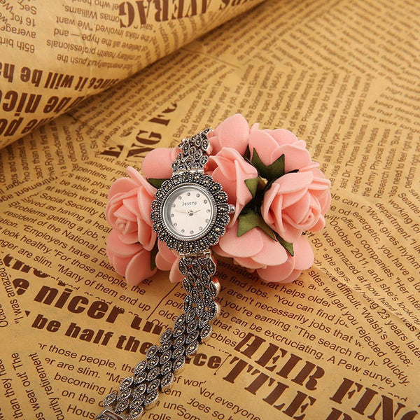 925 Sterling Silver Watches for Women Japan Movement Luxury Thai Silver Round Dial Marcasite Quartz Watch Female reloj mujer