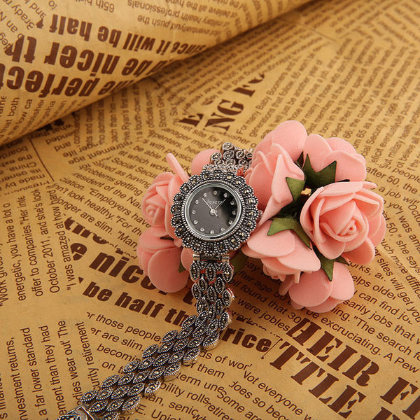 925 Sterling Silver Watches for Women Japan Movement Luxury Thai Silver Round Dial Marcasite Quartz Watch Female reloj mujer