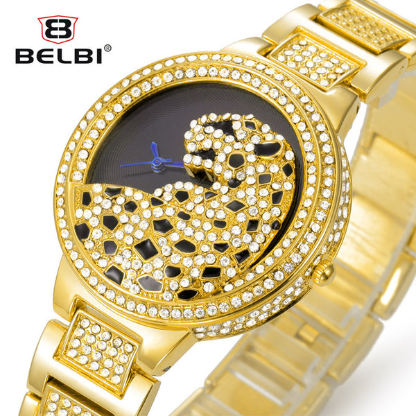 Belbi Women Watch Ladies Fashion Steel Quartz Watches Dress Quartz-Watch Rhinestone Leopard Dial Gold Luxury Wristwatch Relojes