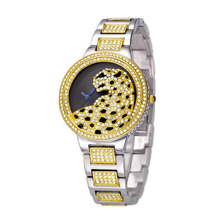 Belbi Women Watch Ladies Fashion Steel Quartz Watches Dress Quartz-Watch Rhinestone Leopard Dial Gold Luxury Wristwatch Relojes