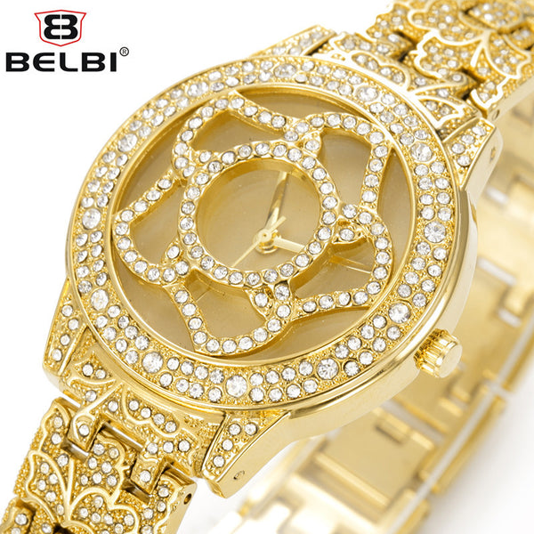 Belbi Fashion Wristwatch Ladies Rhinestone Flower Style Steel Strap Quartz Women Watch Luxury Brand Girl Boutique Dress Watches