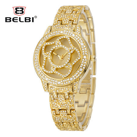 Belbi Fashion Wristwatch Ladies Rhinestone Flower Style Steel Strap Quartz Women Watch Luxury Brand Girl Boutique Dress Watches