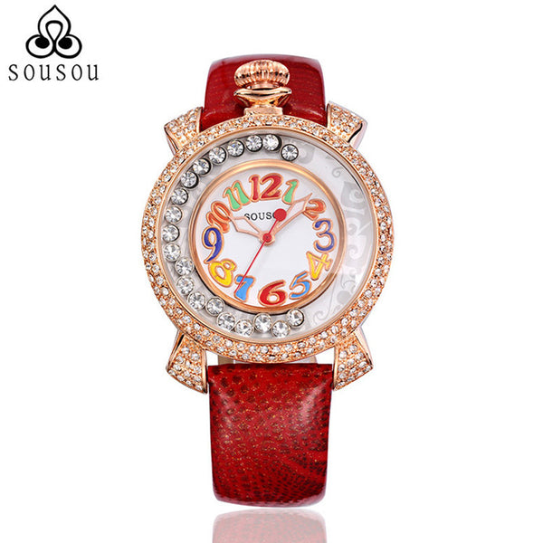 Genuine Leather Strap Big Women Watch Crystal Diamond Dress Ladies Casual Quartz Watches Party Wristwatch Red Watches SouSou