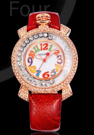 Genuine Leather Strap Big Women Watch Crystal Diamond Dress Ladies Casual Quartz Watches Party Wristwatch Red Watches SouSou