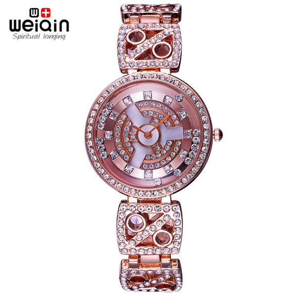 WEIQIN Rose Gold-Tone Shiny Crystal Bracelet Watches Women Lady Fashion Timepiece Waterproof Wristwatch Female Dress Watch Girls