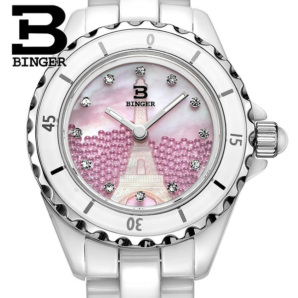 Genuine Swiss BINGER Women ceramic quartz dress watch fashion female diamond rhinestone diamond waterproof relief Eiffel Tower