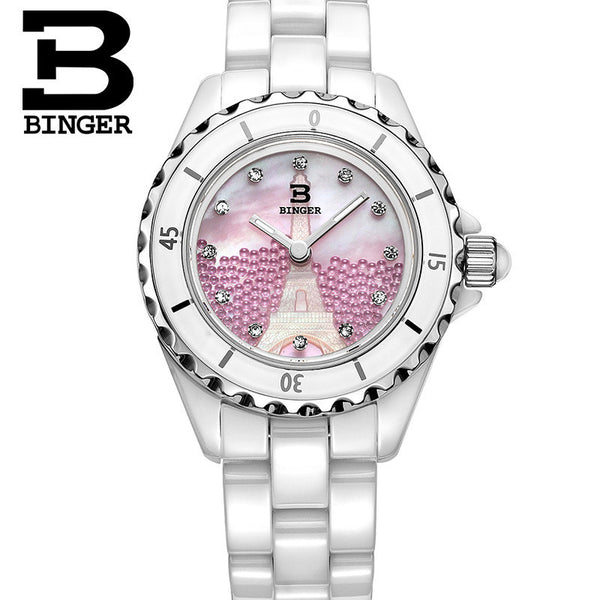 Genuine Swiss BINGER Women ceramic quartz dress watch fashion female diamond rhinestone diamond waterproof relief Eiffel Tower