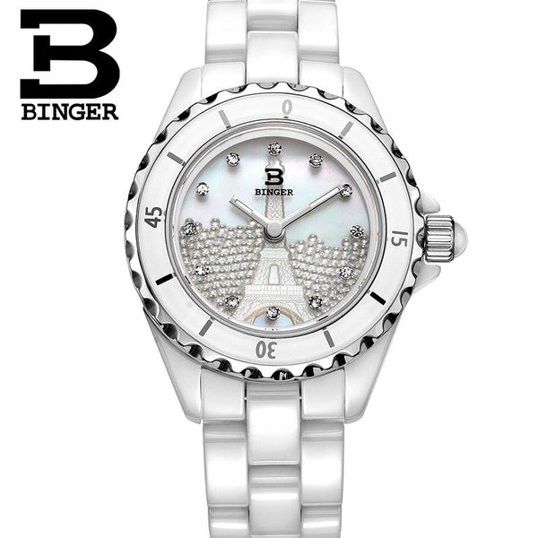 Genuine Swiss BINGER Women ceramic quartz dress watch fashion female diamond rhinestone diamond waterproof relief Eiffel Tower