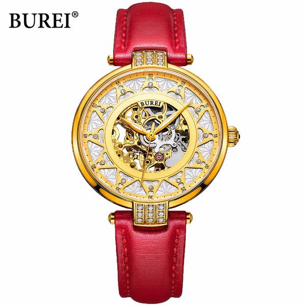 BUREI fashion women sapphire watch luxury skeleton watch automatic watches women genuine leather mechanical watches SL-15006-P0