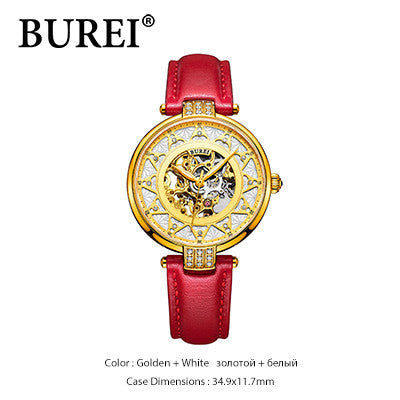 BUREI fashion women sapphire watch luxury skeleton watch automatic watches women genuine leather mechanical watches SL-15006-P0