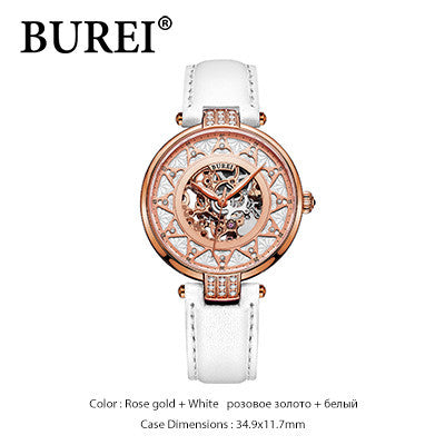 BUREI fashion women sapphire watch luxury skeleton watch automatic watches women genuine leather mechanical watches SL-15006-P0