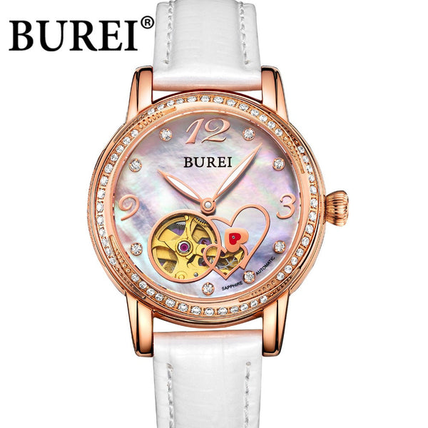 BUREI ladies fashion leather mechanical watches sapphire watch lady automatic watch women skeleton watch 2016 SL-15032-Z0