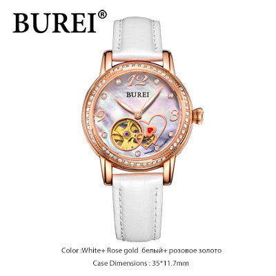 BUREI ladies fashion leather mechanical watches sapphire watch lady automatic watch women skeleton watch 2016 SL-15032-Z0